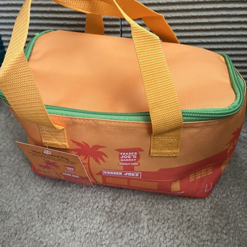 Trader Joe's Insulated Mini Tote Bag Lunch Cooler Orange Green Foldable NWT